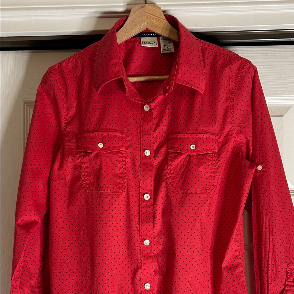 L.L. Bean Red and Navy Polka Dot Women's Shirt Size M